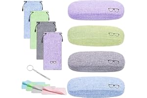 Brillenkoker, 4 stuks harde brillenkokers, met opbergzakje in 4 kleuren en reinigingsdoek, 1 schroevendraaier, geschikt voor mannen en vrouwen, groen, grijs, blauw, paars, Durchschnittsgröße